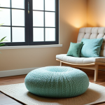 **A cozy and serene meditation room:** Soft lighting, calming colors (blue, green, beige), essential oil diffuser, a comfortable cushion or chair, personal items like photos or plants, creating a peaceful atmosphere.