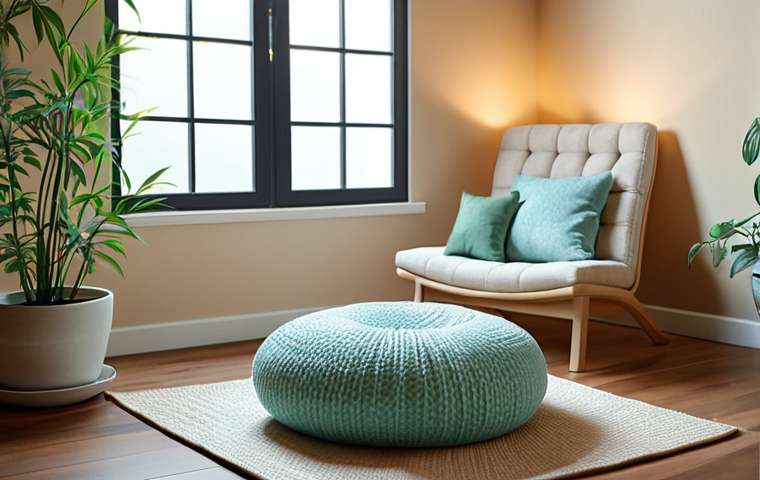 **A cozy and serene meditation room:** Soft lighting, calming colors (blue, green, beige), essential oil diffuser, a comfortable cushion or chair, personal items like photos or plants, creating a peaceful atmosphere.