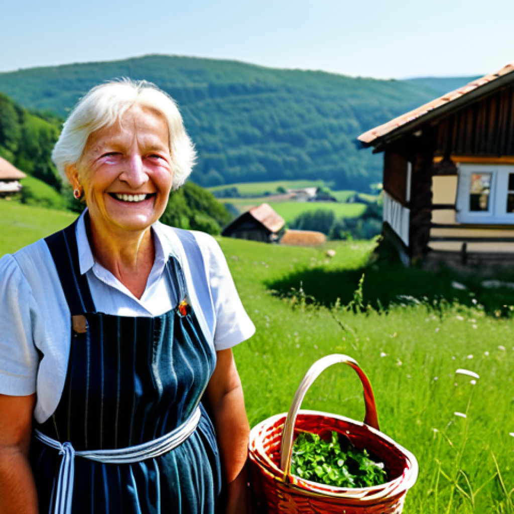 An older German woman, fully clothed in a modest, traditional dress and apron, warmly smiles at a respectful traveler, fully clothed in appropriate hiking gear. They are in a picturesque, sun-dappled meadow in the rolling hills of the Swabian Alb, with a rustic wooden hut in the background. Fresh herbs are visible near the woman's basket. The scene captures a moment of pure, unfiltered humanity and unexpected connection. Professional photography, soft natural light, vibrant colors, shallow depth of field. safe for work, appropriate content, fully clothed, family-friendly, perfect anatomy, correct proportions, natural pose, well-formed hands, proper finger count, natural body proportions.