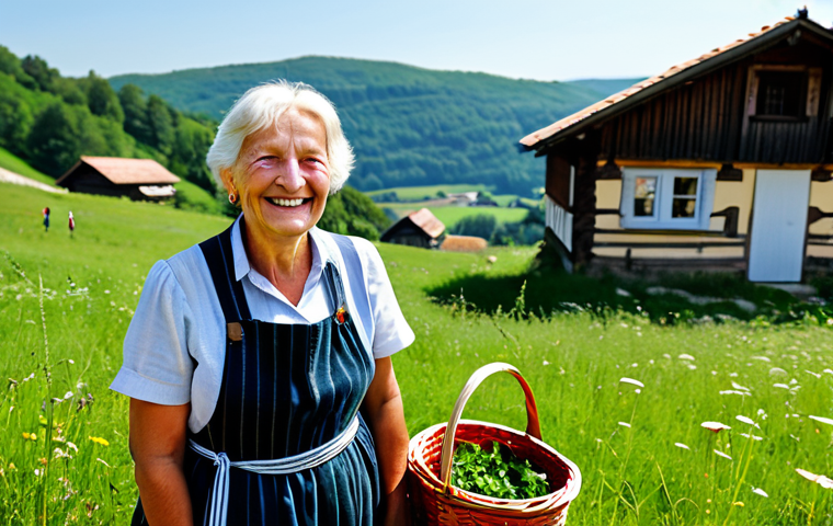 An older German woman, fully clothed in a modest, traditional dress and apron, warmly smiles at a respectful traveler, fully clothed in appropriate hiking gear. They are in a picturesque, sun-dappled meadow in the rolling hills of the Swabian Alb, with a rustic wooden hut in the background. Fresh herbs are visible near the woman's basket. The scene captures a moment of pure, unfiltered humanity and unexpected connection. Professional photography, soft natural light, vibrant colors, shallow depth of field. safe for work, appropriate content, fully clothed, family-friendly, perfect anatomy, correct proportions, natural pose, well-formed hands, proper finger count, natural body proportions.