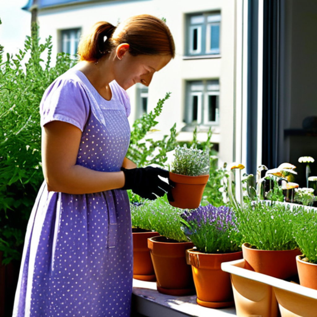 Calming Garden Retreat**

"A serene and fully clothed woman is peacefully tending to a small garden on her balcony in Berlin, Germany. The garden is filled with lavender and chamomile plants in terracotta pots. She is wearing a modest, comfortable cotton dress and gardening gloves. Soft, diffused sunlight. Safe for work, appropriate content, professional quality, perfect anatomy, natural proportions, well-formed hands, proper finger count, family-friendly, fully clothed."

**