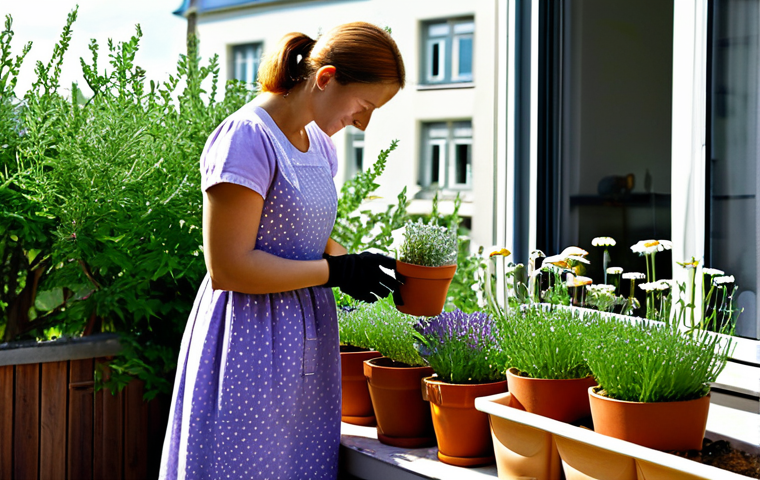 Calming Garden Retreat**

"A serene and fully clothed woman is peacefully tending to a small garden on her balcony in Berlin, Germany. The garden is filled with lavender and chamomile plants in terracotta pots. She is wearing a modest, comfortable cotton dress and gardening gloves. Soft, diffused sunlight. Safe for work, appropriate content, professional quality, perfect anatomy, natural proportions, well-formed hands, proper finger count, family-friendly, fully clothed."

**