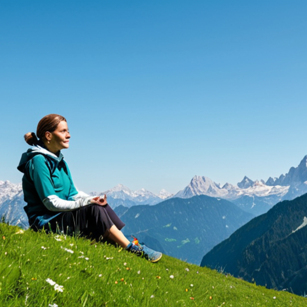 **

"A serene mountain landscape in the Bavarian Alps, Germany. Lush green meadows, a clear blue sky, and snow-capped peaks in the distance. A woman in comfortable hiking clothes (fully clothed, appropriate attire), sitting peacefully on a rock, meditating. Safe for work, professional photography, perfect anatomy, natural proportions, family-friendly, appropriate content."

**