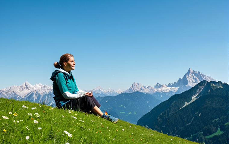 **

"A serene mountain landscape in the Bavarian Alps, Germany. Lush green meadows, a clear blue sky, and snow-capped peaks in the distance. A woman in comfortable hiking clothes (fully clothed, appropriate attire), sitting peacefully on a rock, meditating. Safe for work, professional photography, perfect anatomy, natural proportions, family-friendly, appropriate content."

**