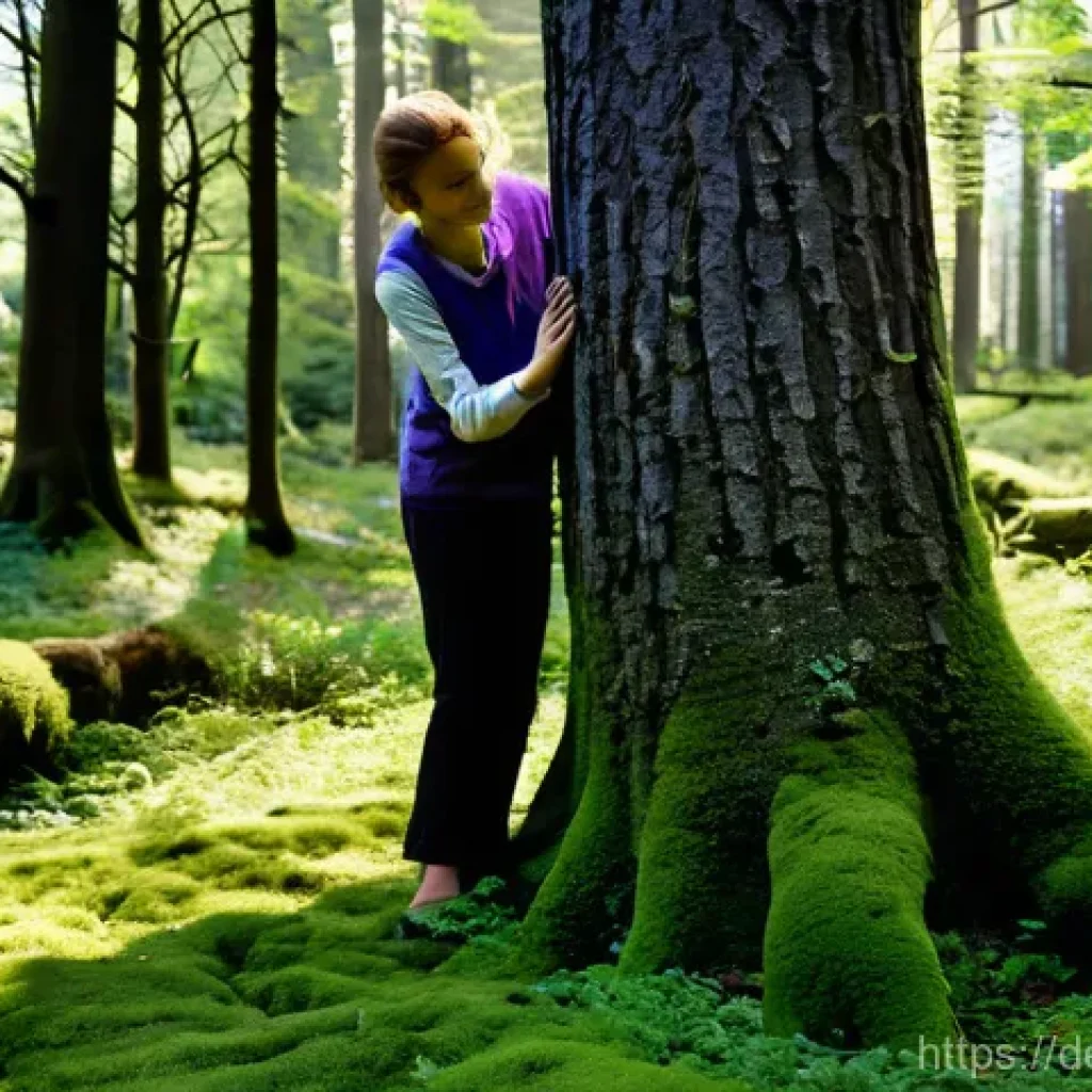 명상적 여행의 다양성 - "A serene, medium shot of a person practicing 'Waldbaden' (forest bathing) in a lush, ancient Europe...