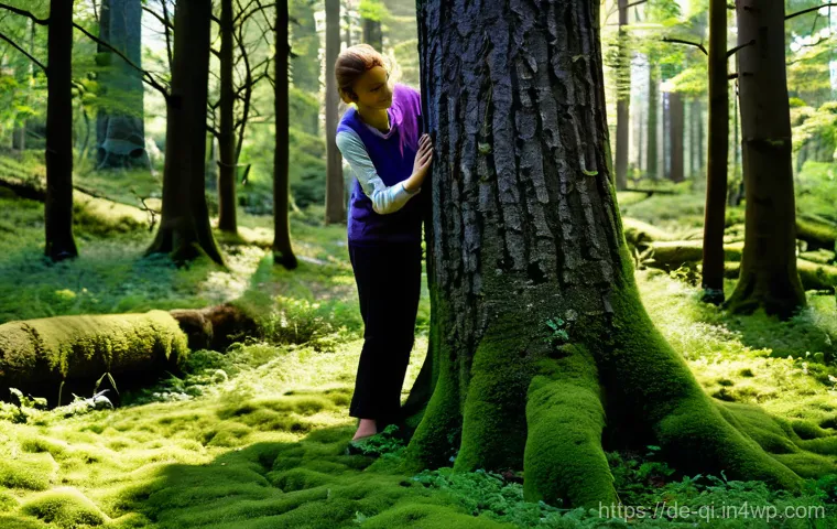 명상적 여행의 다양성 - "A serene, medium shot of a person practicing 'Waldbaden' (forest bathing) in a lush, ancient Europe...