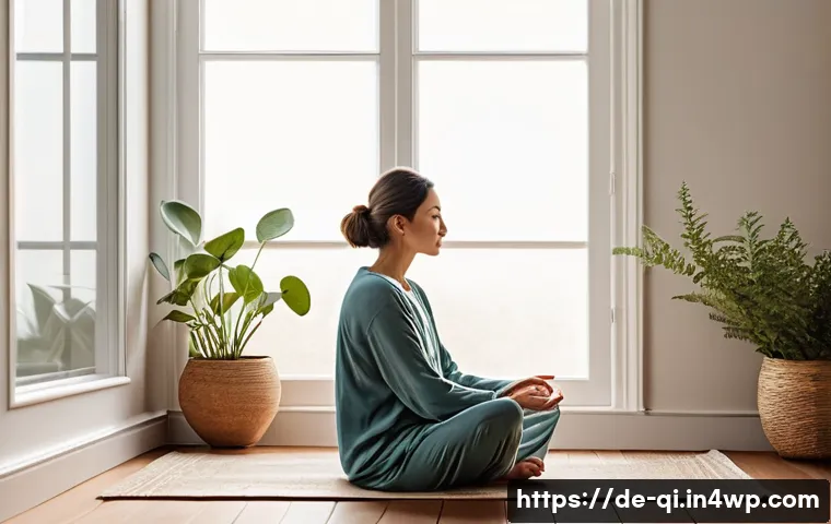 명상적 여행의 경험과 감정 - **Prompt: Serene Morning Mindfulness at Home**
    "A woman in her early 30s, with a gentle and peac...
