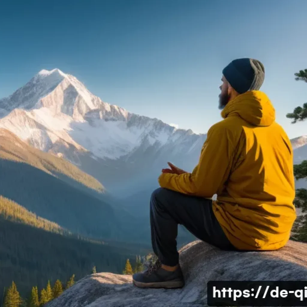 명상적 여행의 자아 탐색 - A serene mountain landscape at sunrise with a solitary meditator sitting cross-legged on a rocky out...