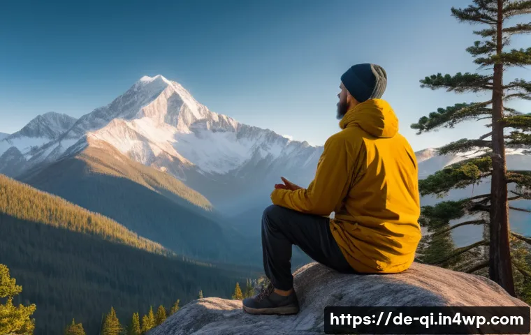명상적 여행의 자아 탐색 - A serene mountain landscape at sunrise with a solitary meditator sitting cross-legged on a rocky out...