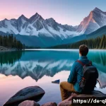 Home 20 명상적 여행의 주제로 한 영상 제작 - A serene alpine mountain lake at dawn, surrounded by lush pine forests and rugged peaks dusted with ...