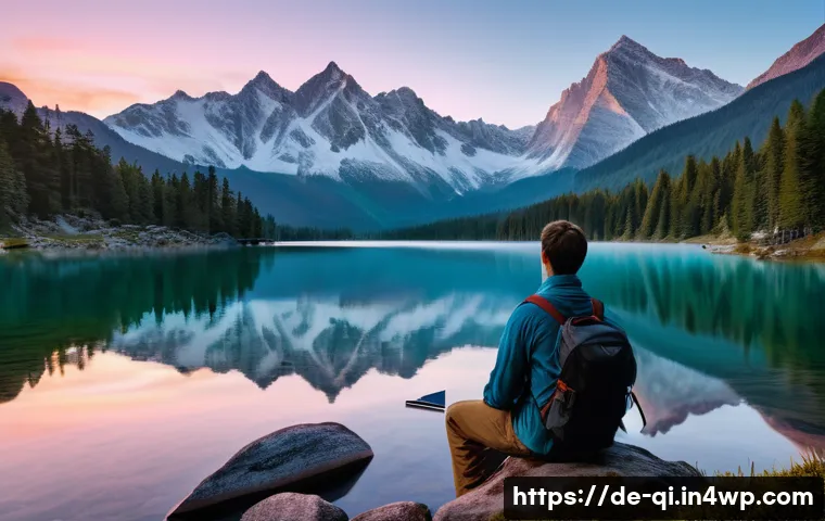 명상적 여행의 주제로 한 영상 제작 - A serene alpine mountain lake at dawn, surrounded by lush pine forests and rugged peaks dusted with ...