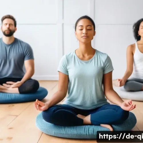 Home 30 명상적 여행을 위한 동반자 찾기 - A serene meditation class scene in a cozy, softly lit room typical of a German wellness center, feat...
