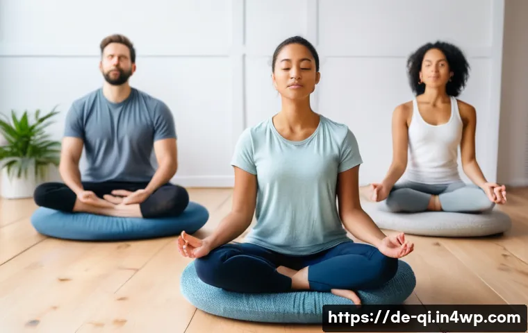 명상적 여행을 위한 동반자 찾기 - A serene meditation class scene in a cozy, softly lit room typical of a German wellness center, feat...